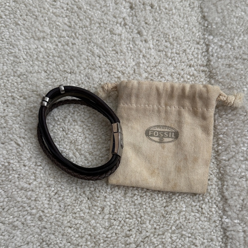 Fossil Dark Brown Braided & Smooth Leather Wrap Bracelet with Silver Accent
